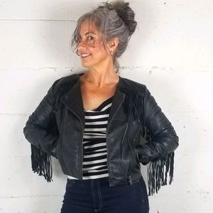 Fringe cropped leather moto jacket xs